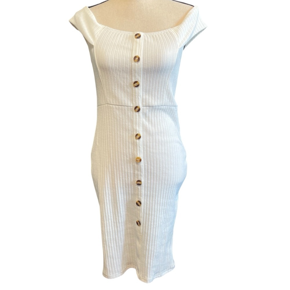 Privy Cream White Ribbed Off the Shoulder Bodycon Summer Nautical Beach Dress
